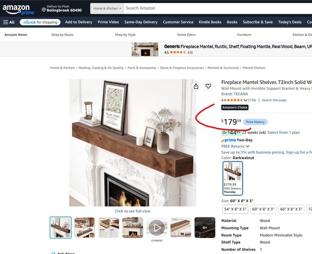 72" Solid Wood Mantel Shelf for fireplace – Dark Walnut – New – photo 2