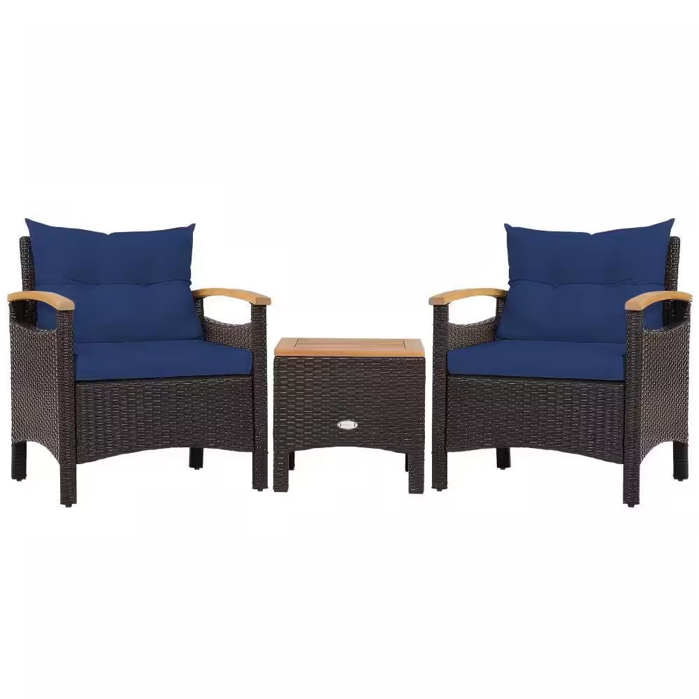 Clihome 3-Piece Wicker Rattan Patio Conversation Set, Navy Cushions