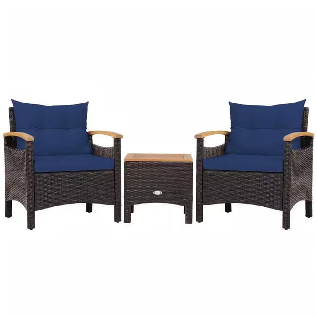 Clihome 3-Piece Wicker Rattan Patio Conversation Set, Navy Cushions – photo 1