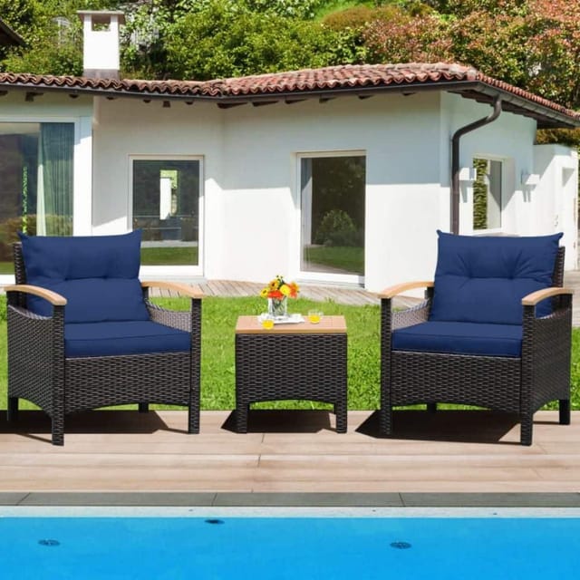 Clihome 3-Piece Wicker Rattan Patio Conversation Set, Navy Cushions – photo 2
