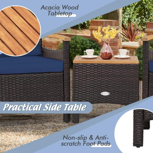 Clihome 3-Piece Wicker Rattan Patio Conversation Set, Navy Cushions – photo 3