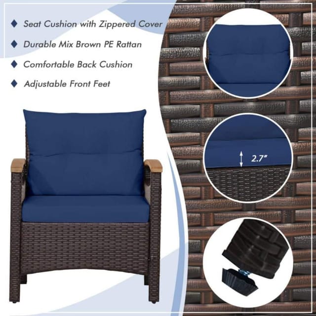 Clihome 3-Piece Wicker Rattan Patio Conversation Set, Navy Cushions – photo 4