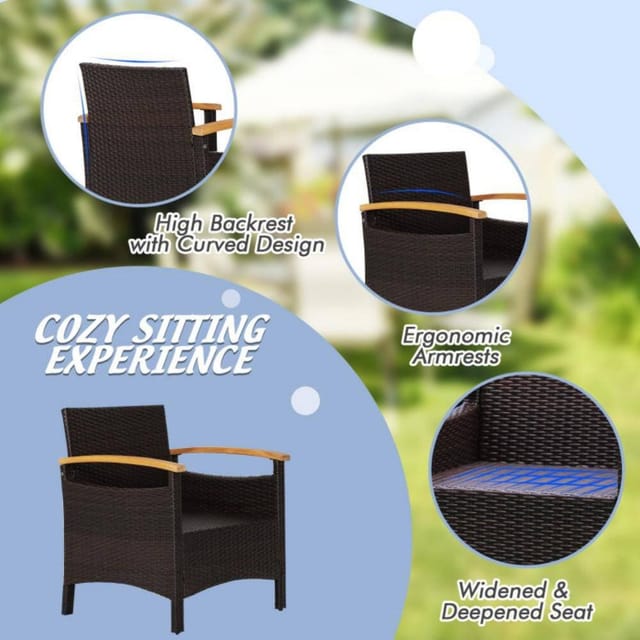 Clihome 3-Piece Wicker Rattan Patio Conversation Set, Navy Cushions – photo 5