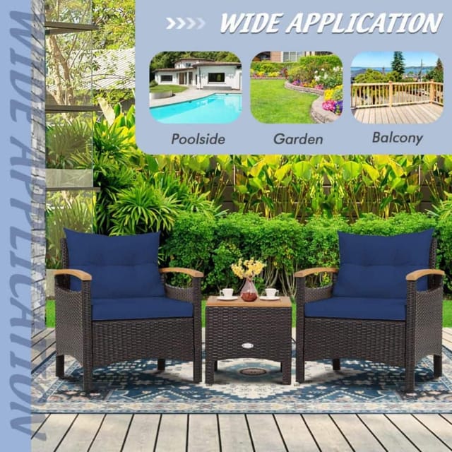 Clihome 3-Piece Wicker Rattan Patio Conversation Set, Navy Cushions – photo 6