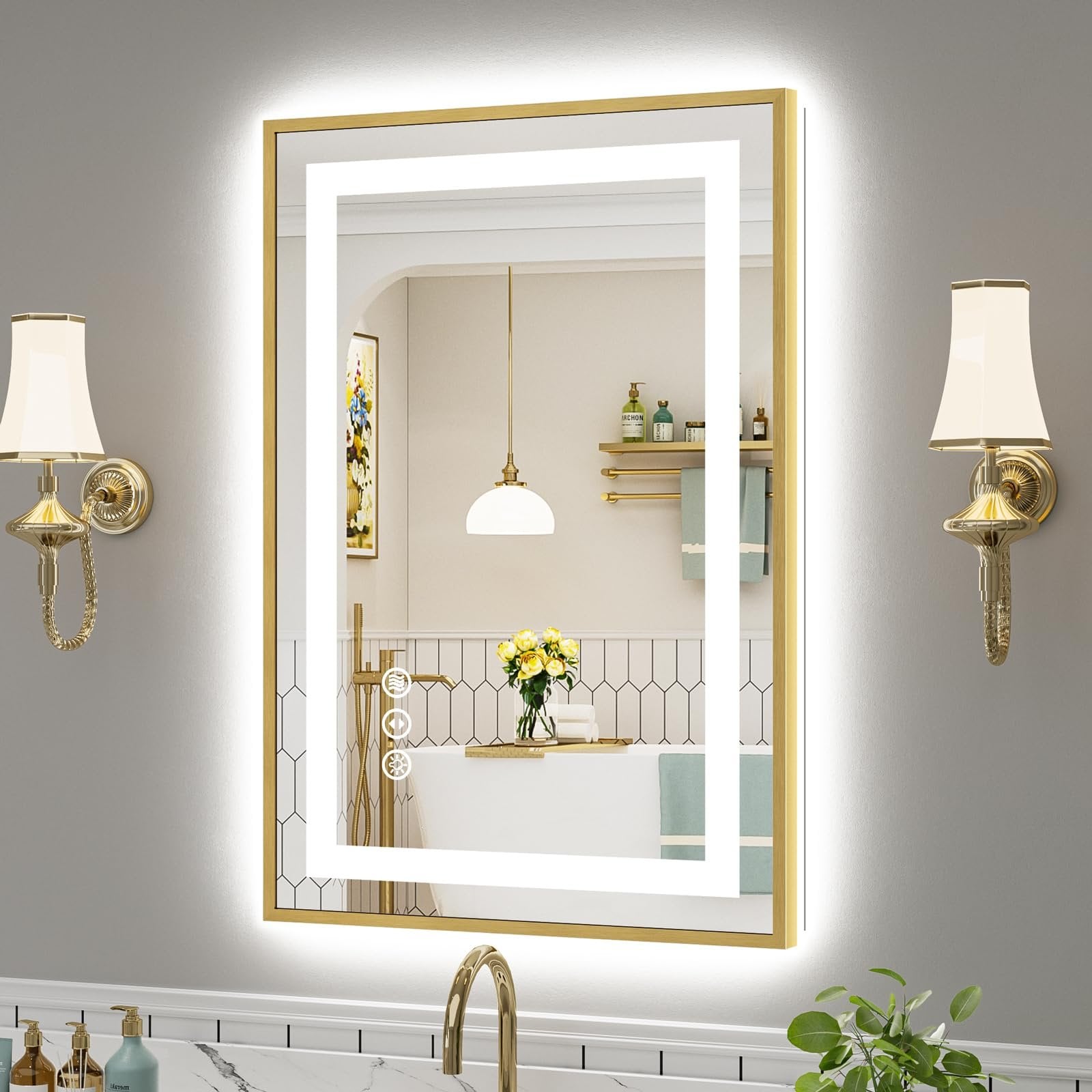 Gold-Frame LED Bathroom Mirror, Approximately 24 x 36 in