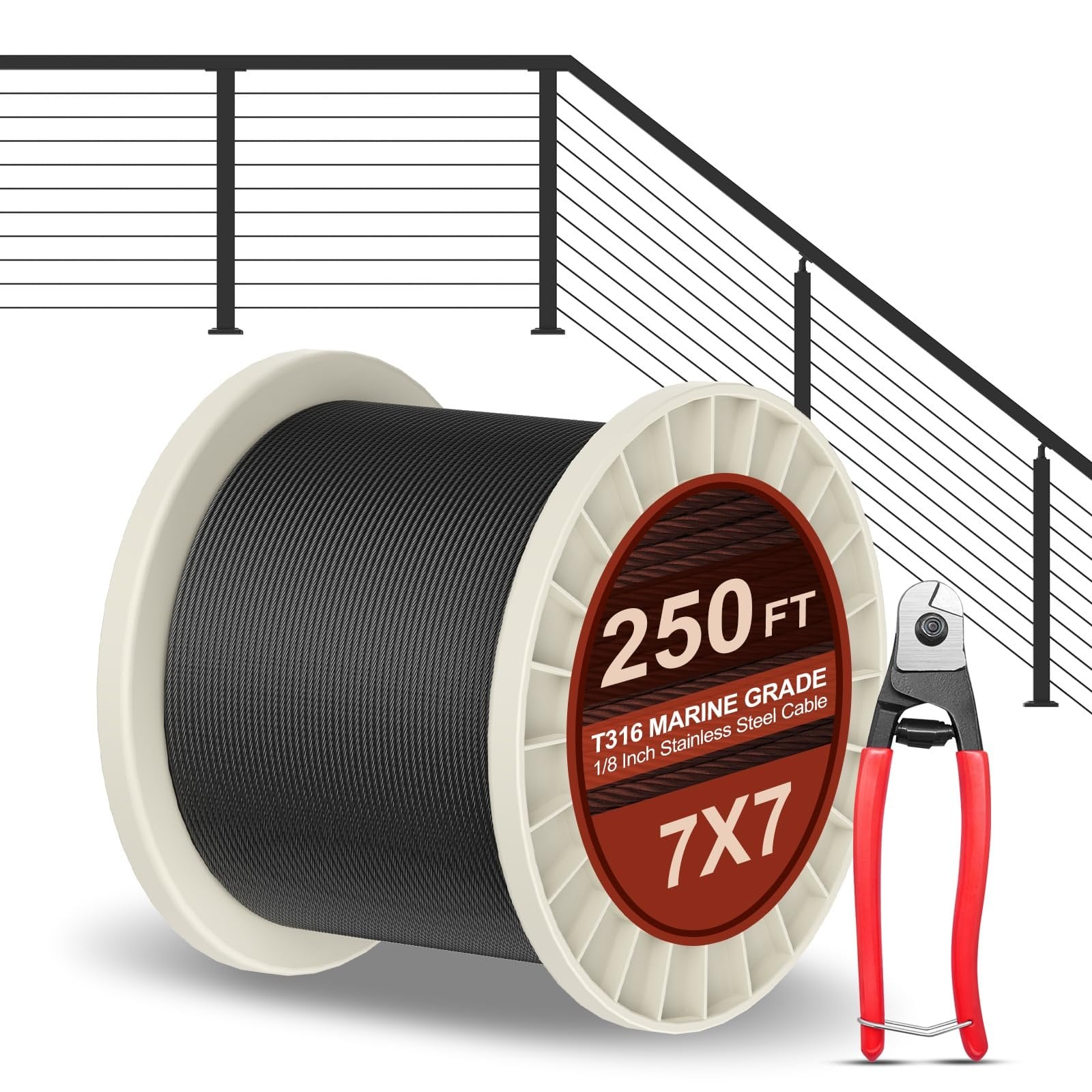 250 ft Black Stainless Steel Cable with Cutter – New