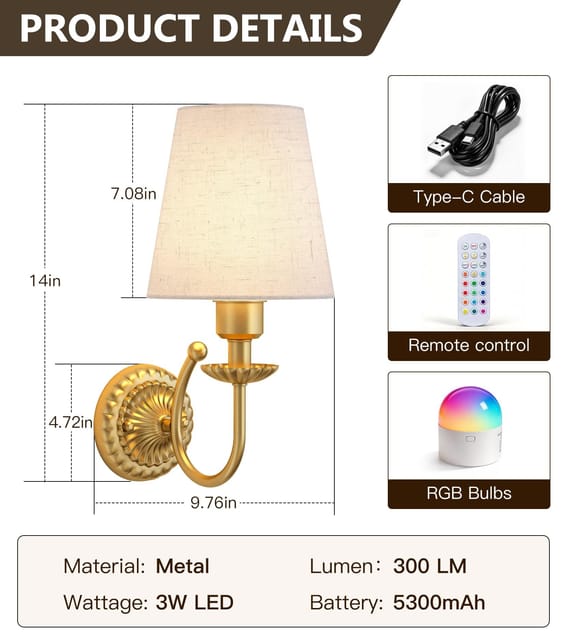 5300mAh Battery Operated Wall Sconce with Remote – Brushed Gold – New – photo 5