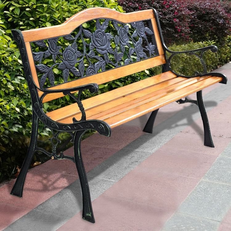 Garden Bench Chair Outdoor Wooden Loveseat with Iron Armrest – New