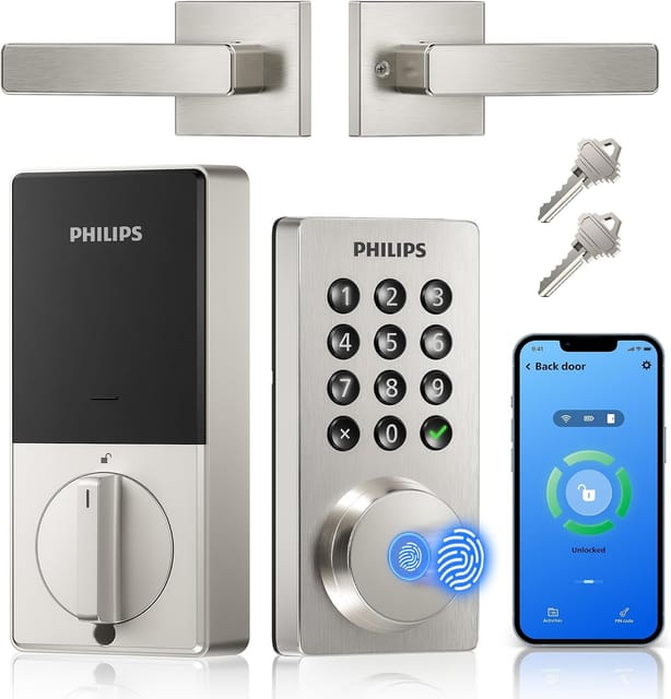 Philips WiFi Fingerprint Keypad Smart Deadbolt with Handle – New