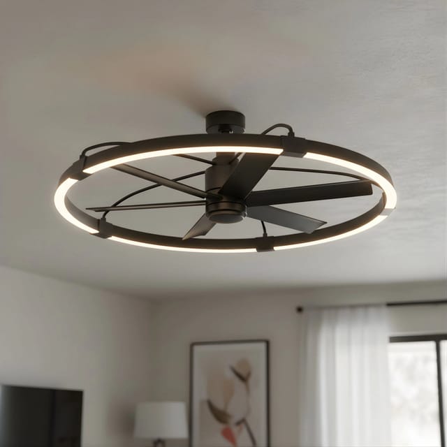 46" Easy2Hang Matte Black LED Covered Outdoor Ceiling Fan – New