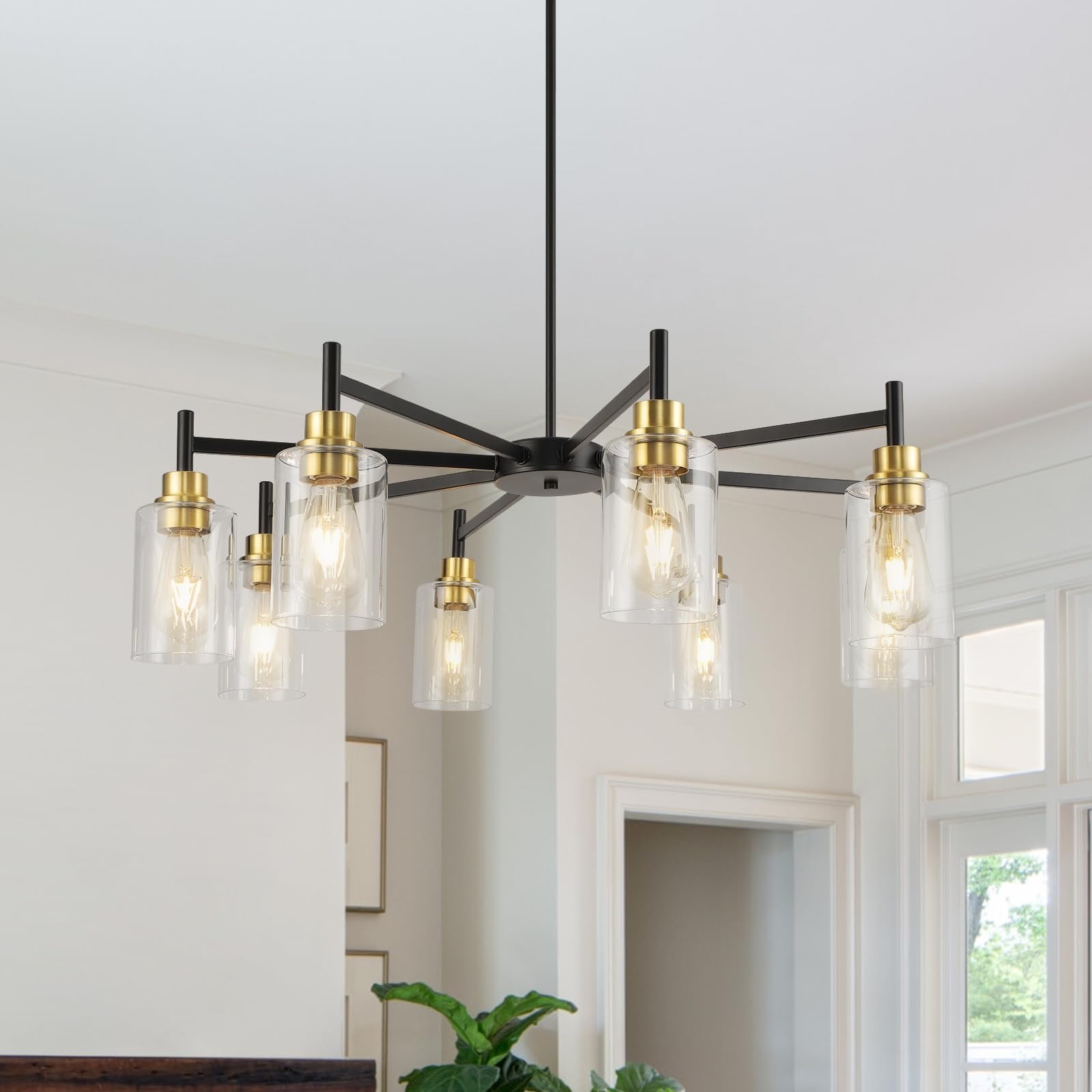 8-Light Black and Gold Modern Chandelier with Clear Glass Shades
