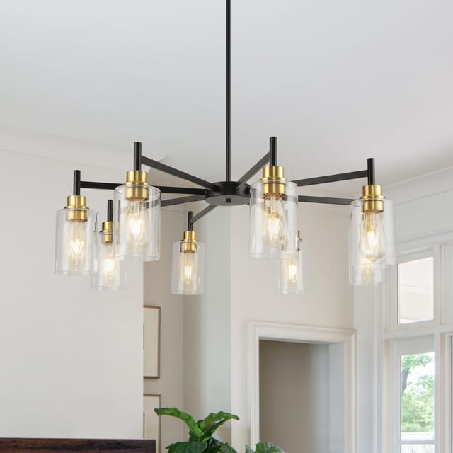 8-Light Black and Gold Modern Chandelier with Clear Glass Shades