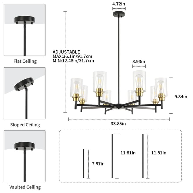 8-Light Black and Gold Modern Chandelier with Clear Glass Shades – photo 2
