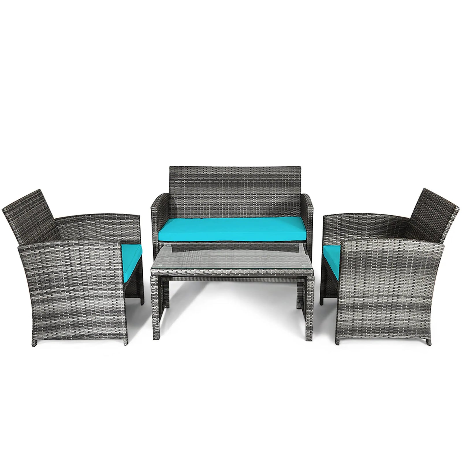 Costway 4-Piece Rattan Patio Conversation Set, Green Cushions