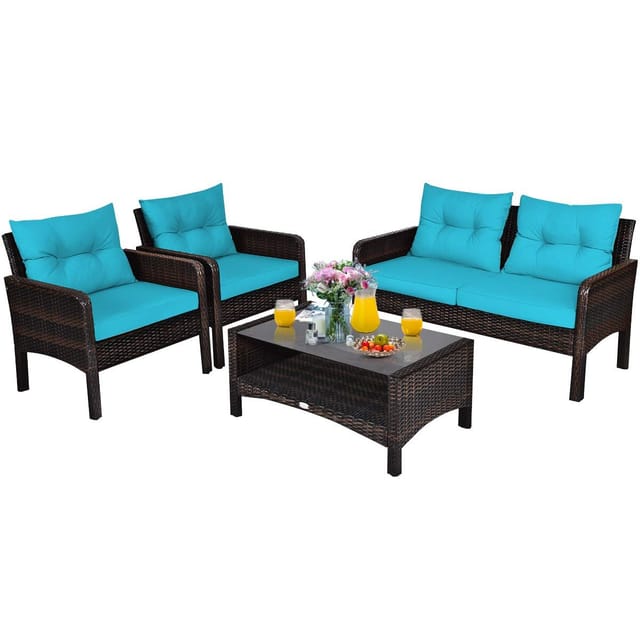 Costway 4-Piece Rattan Patio Conversation Set, Green Cushions – photo 2