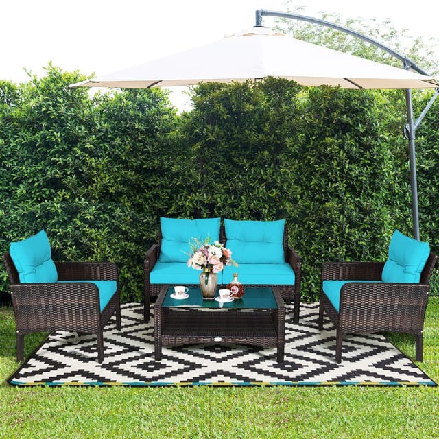 Costway 4-Piece Rattan Patio Conversation Set, Green Cushions – photo 4