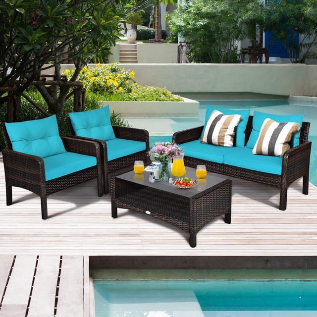 Costway 4-Piece Rattan Patio Conversation Set, Green Cushions – photo 5