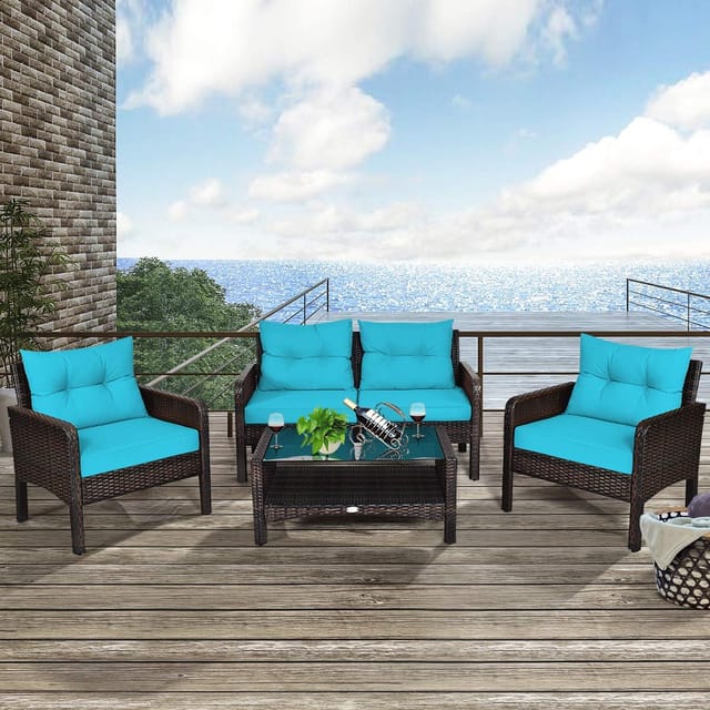 Costway 4-Piece Rattan Patio Conversation Set, Green Cushions – photo 6
