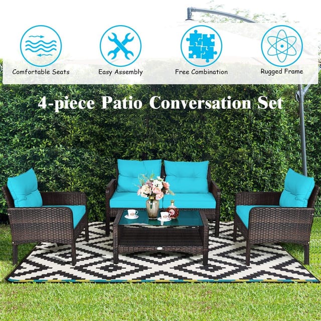 Costway 4-Piece Rattan Patio Conversation Set, Green Cushions – photo 7