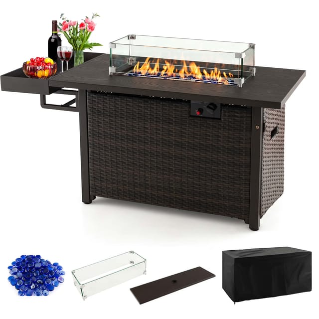 Mondawe 52 in Wicker Propane Fire Pit Table with Cover, 50,000 BTU, Brown