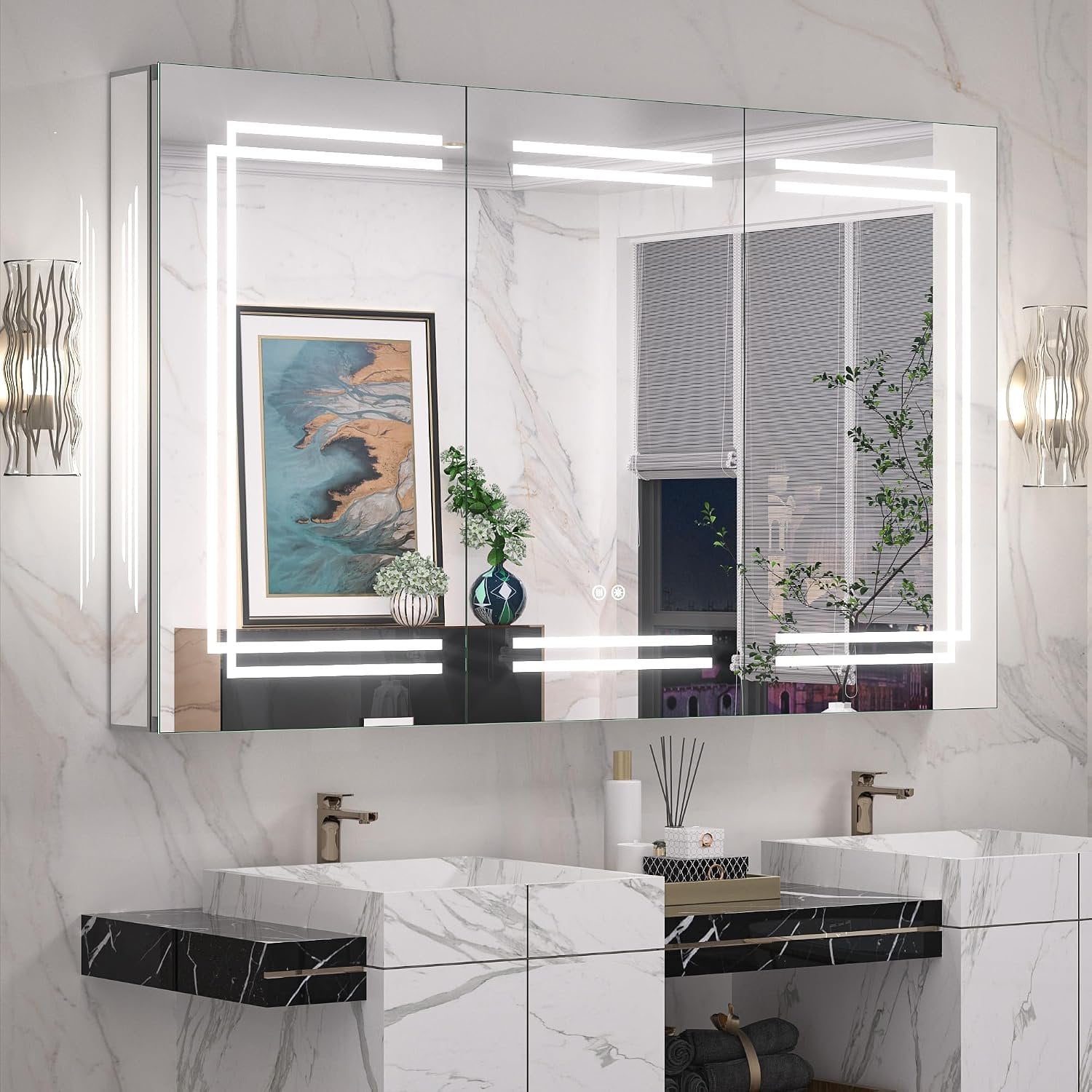 Keonjinn 48 x 32 Inch Lighted Medicine Cabinet with Mirror