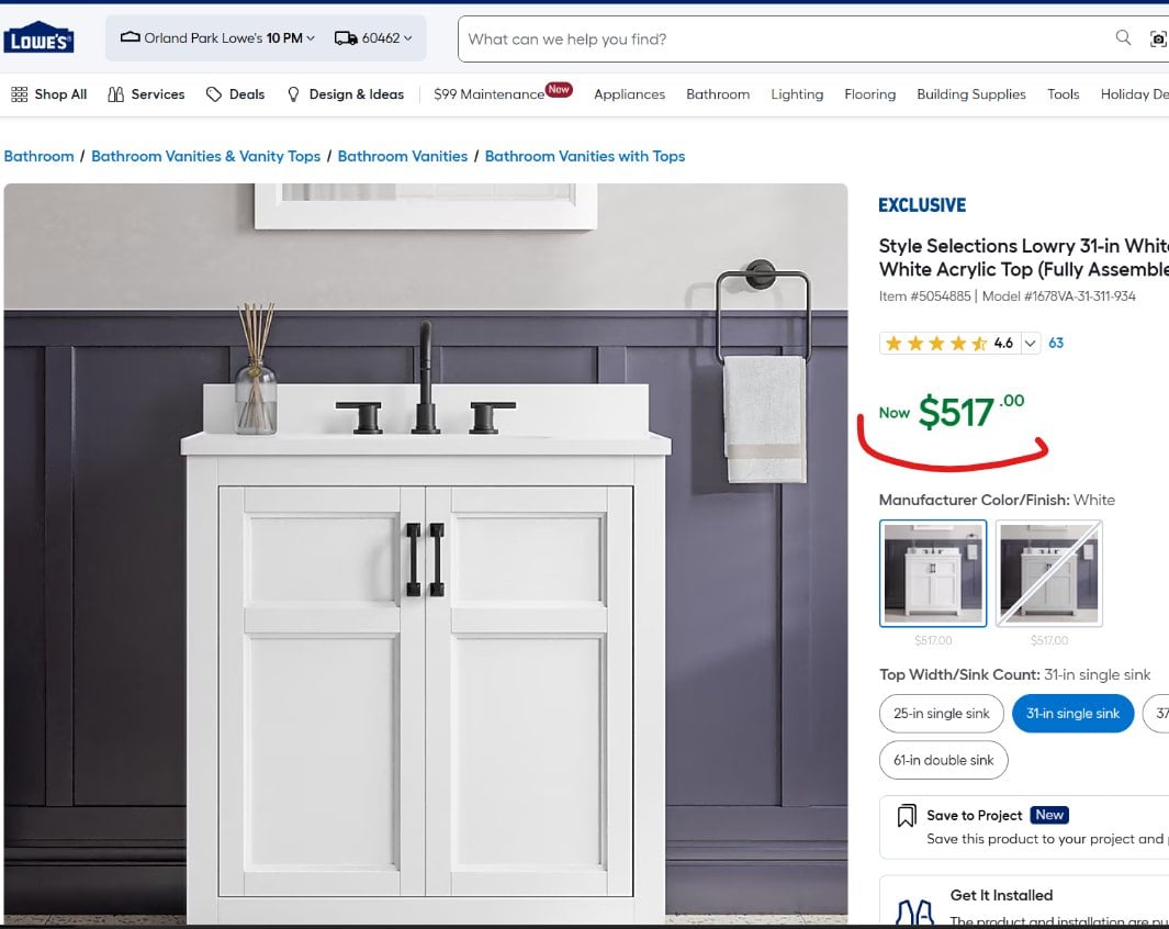 31" Lowry White Single Sink Bathroom Vanity – New