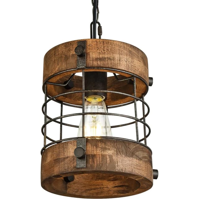 Wochos Metal and Wood Cage Pendant Light – Brown – New