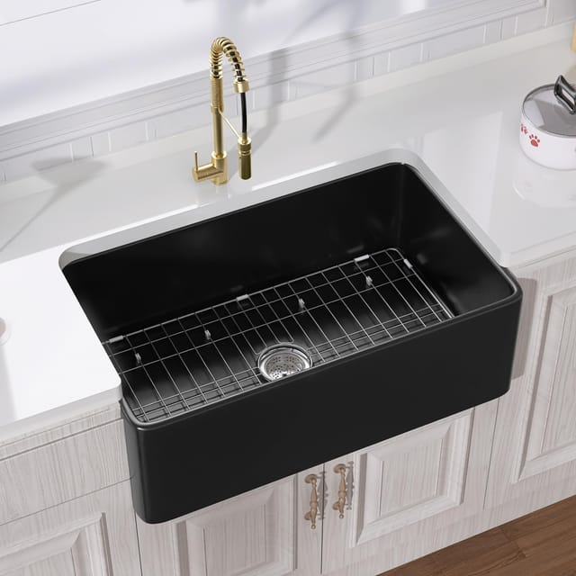 30" x 18" Modern Single Bowl Matte Black Fireclay Farm Sink – New