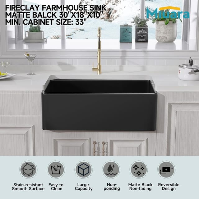 30" x 18" Modern Single Bowl Matte Black Fireclay Farm Sink – New – photo 7