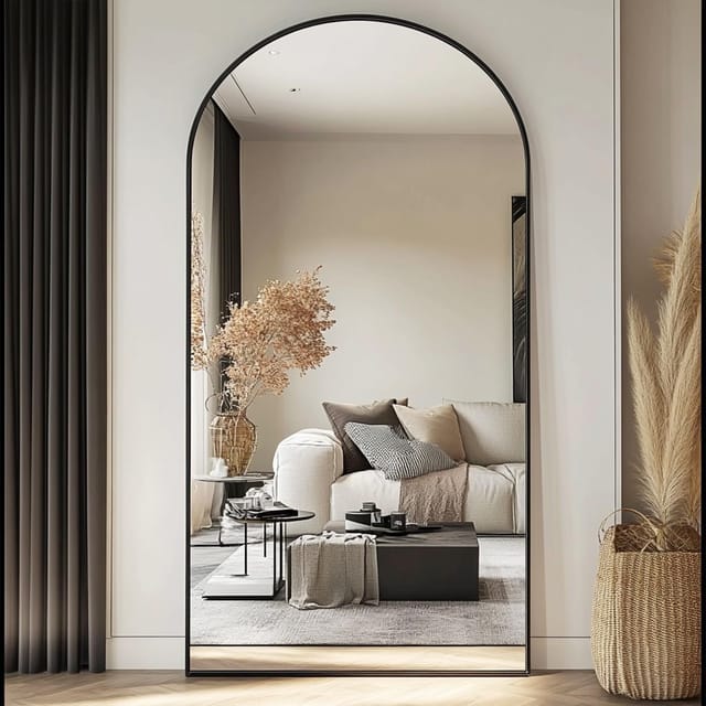 78" x 38" Arched Full-Length Wall-Mounted Mirror – Black – New