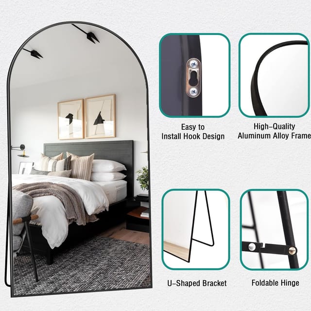 78" x 38" Arched Full-Length Wall-Mounted Mirror – Black – New – photo 4