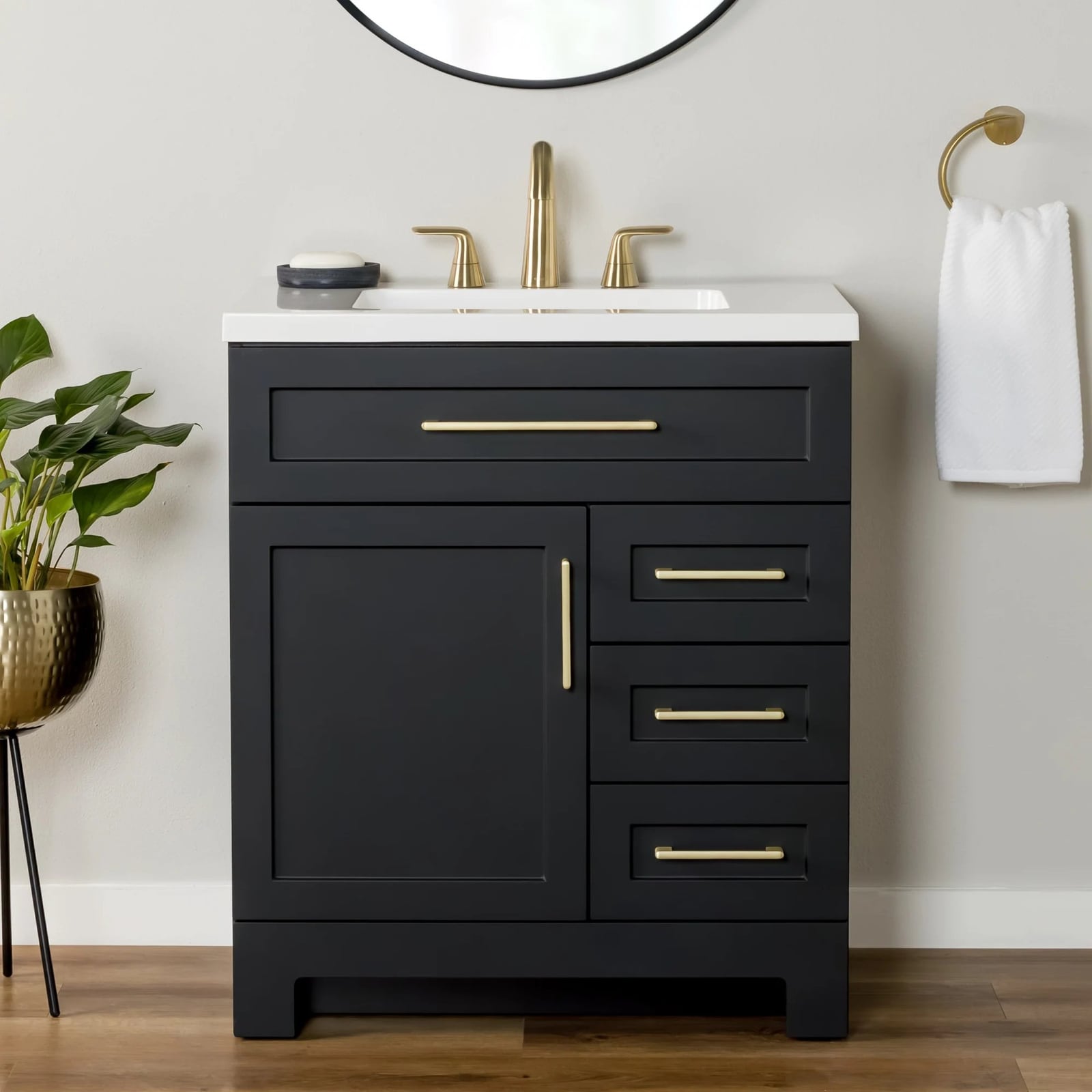 30" Black Bathroom Vanity With Marble Top – New
