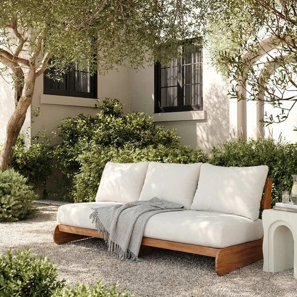 Acacia Wood Three-Seat Outdoor Sofa with Beige Cushions – New