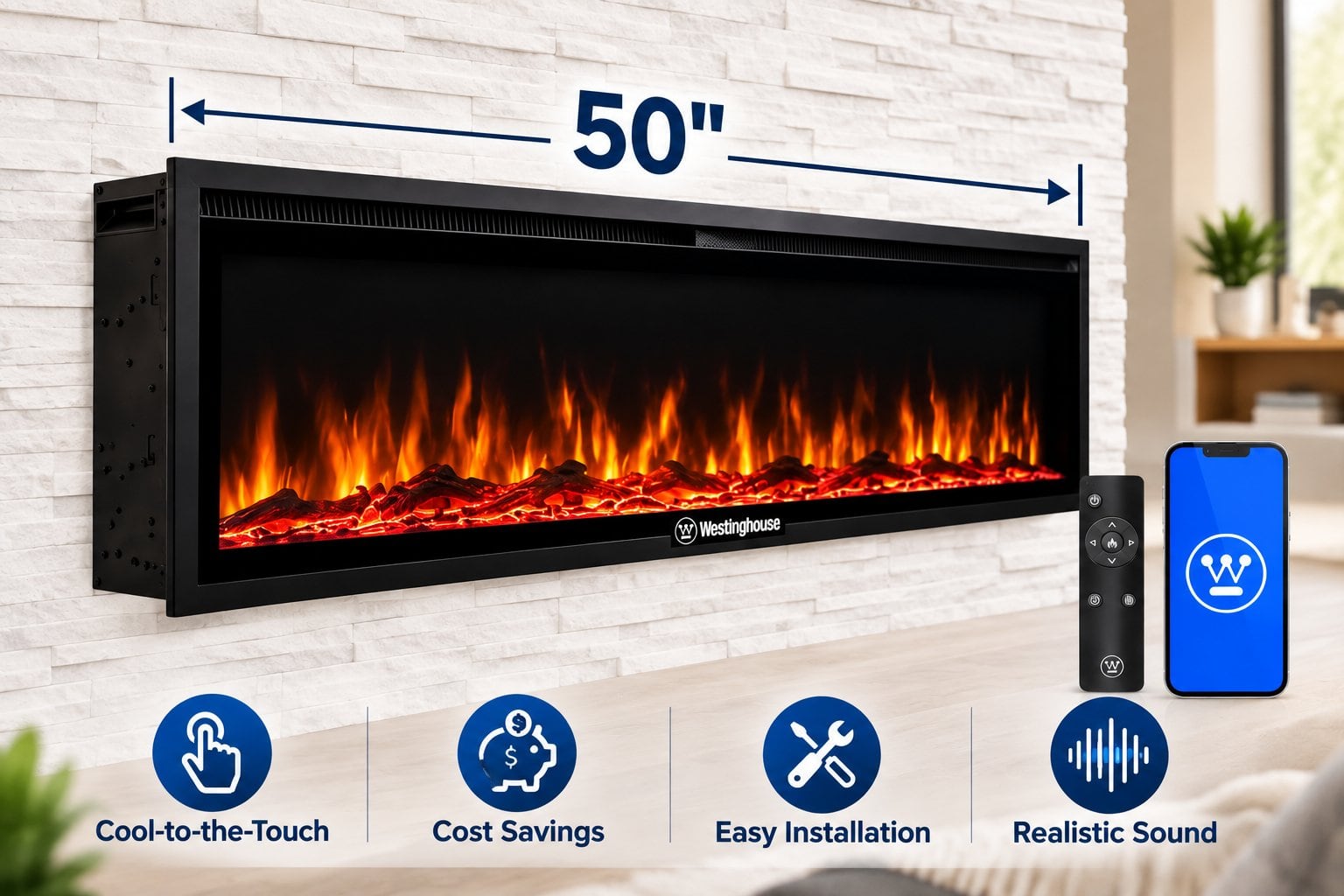 LUXURY Westinghouse Electric Fireplace Compatible with Alexa & Google